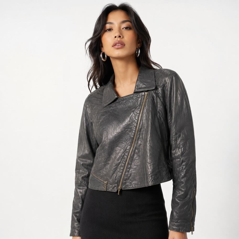 80s CLAN Cropped Moto Leather Jacket Womens L Black Zip Dolman Edgy Street Biker